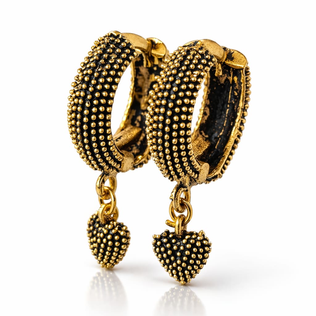 Gold Plated Heart Charm Hoop Earrings for Women | Textured Huggie Drop Earrings | Elegant Fashion Jewellery, shop online in India