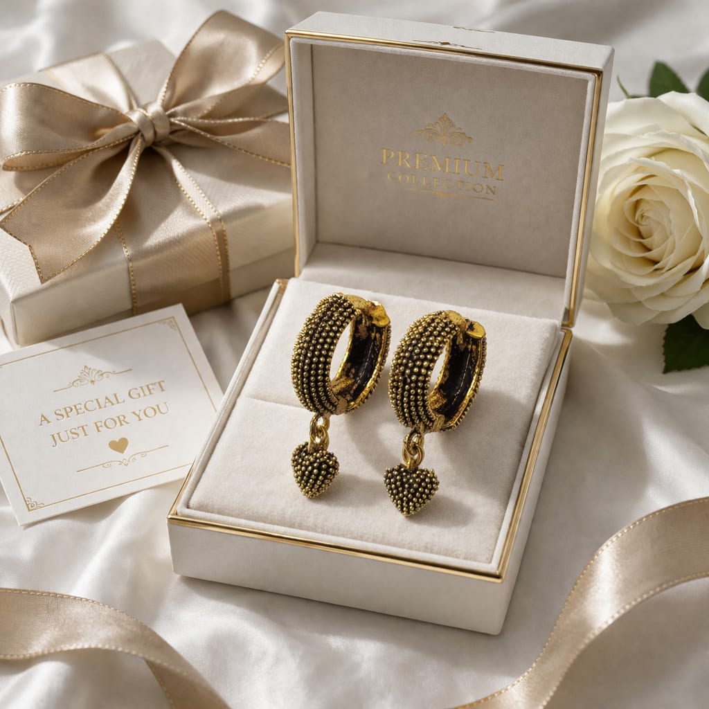 Gold Plated Heart Charm Hoop Earrings for Women | Textured Huggie Drop Earrings | Elegant Fashion Jewellery, thumbnail 2
