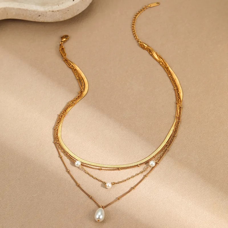 Gold Plated Multi-Layer Pearl Necklace for Women & Girls | Elegant Layered Chain Necklace with Faux Pearl Pendant, thumbnail 2