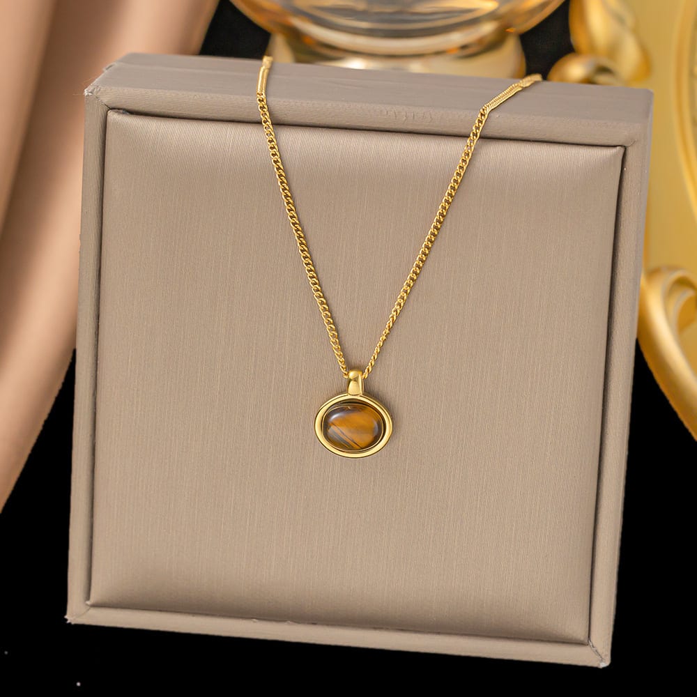 Gold Plated Natural Stone Oval Pendant Necklace for Women & Girls | Minimalist Korean Style Fashion Chain | Pack of 1 — wholesale price India