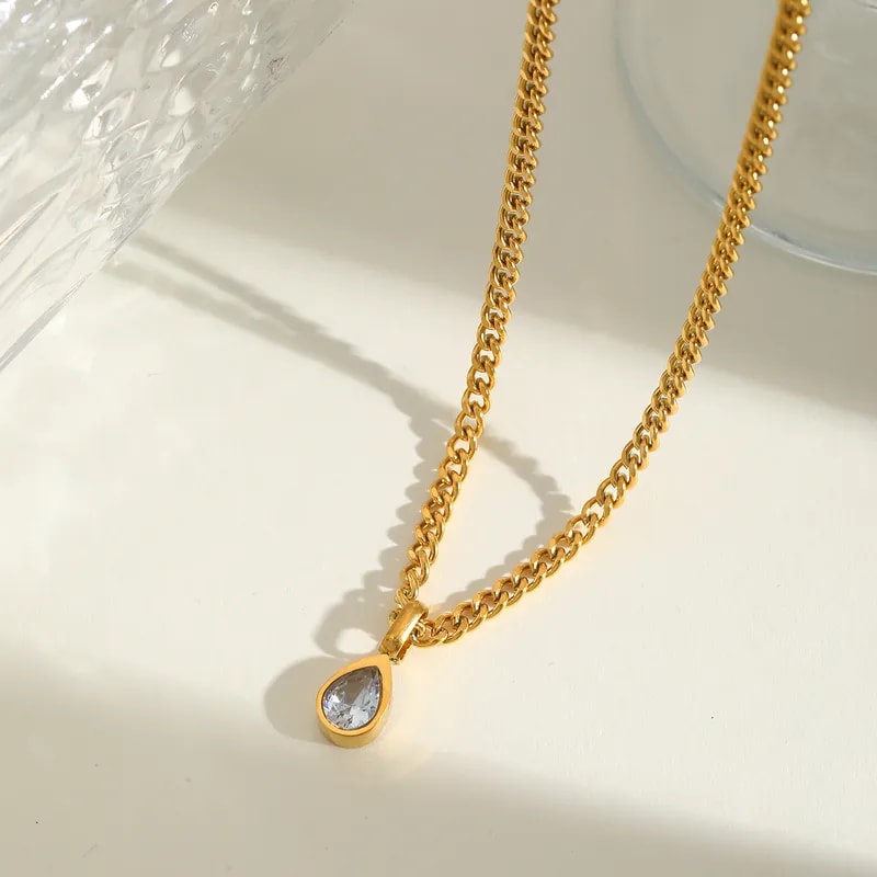 Gold-Tone Cuban Link Chain Necklace with Crystal Pendant for Women & Girls | Minimalist Fashion Jewelry, thumbnail 3