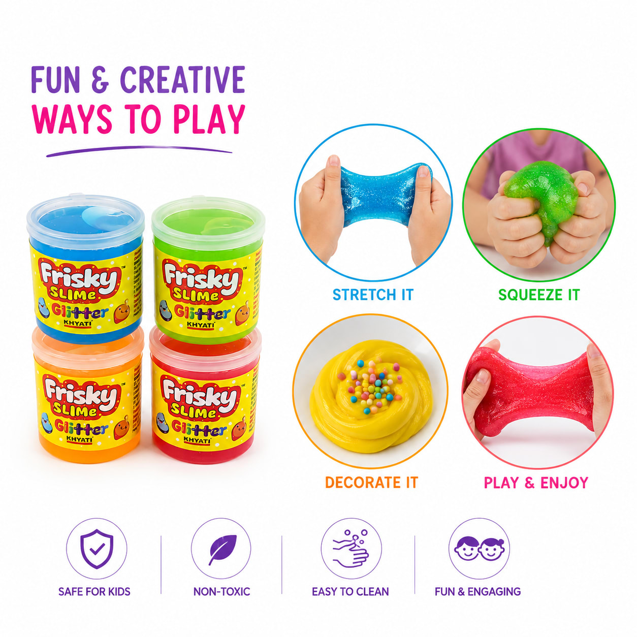 Pack of 4 Glitter Slime for Kids | Soft Stretchy Crystal Slime Toy | Non-Sticky Colorful Sensory Play Slime | DIY Stress Relief Slime Combo, thumbnail 3