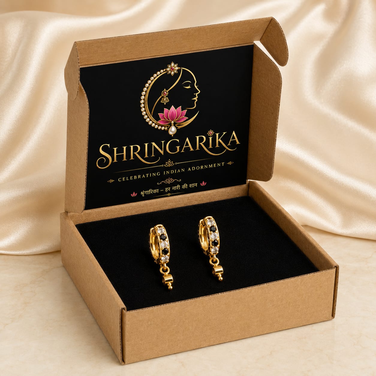 Shringarika Gold-Tone Black & White Crystal Huggie Hoop Earrings for Women, thumbnail 4