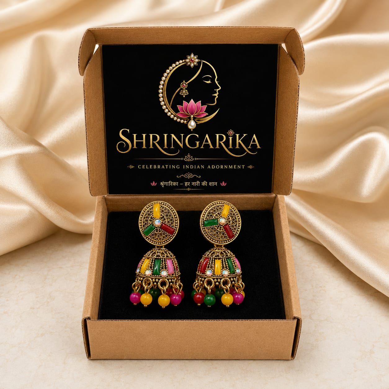 Shringarika Rangrez Multicolour Gold-Tone Designer Jhumka Earrings for Women, thumbnail 3