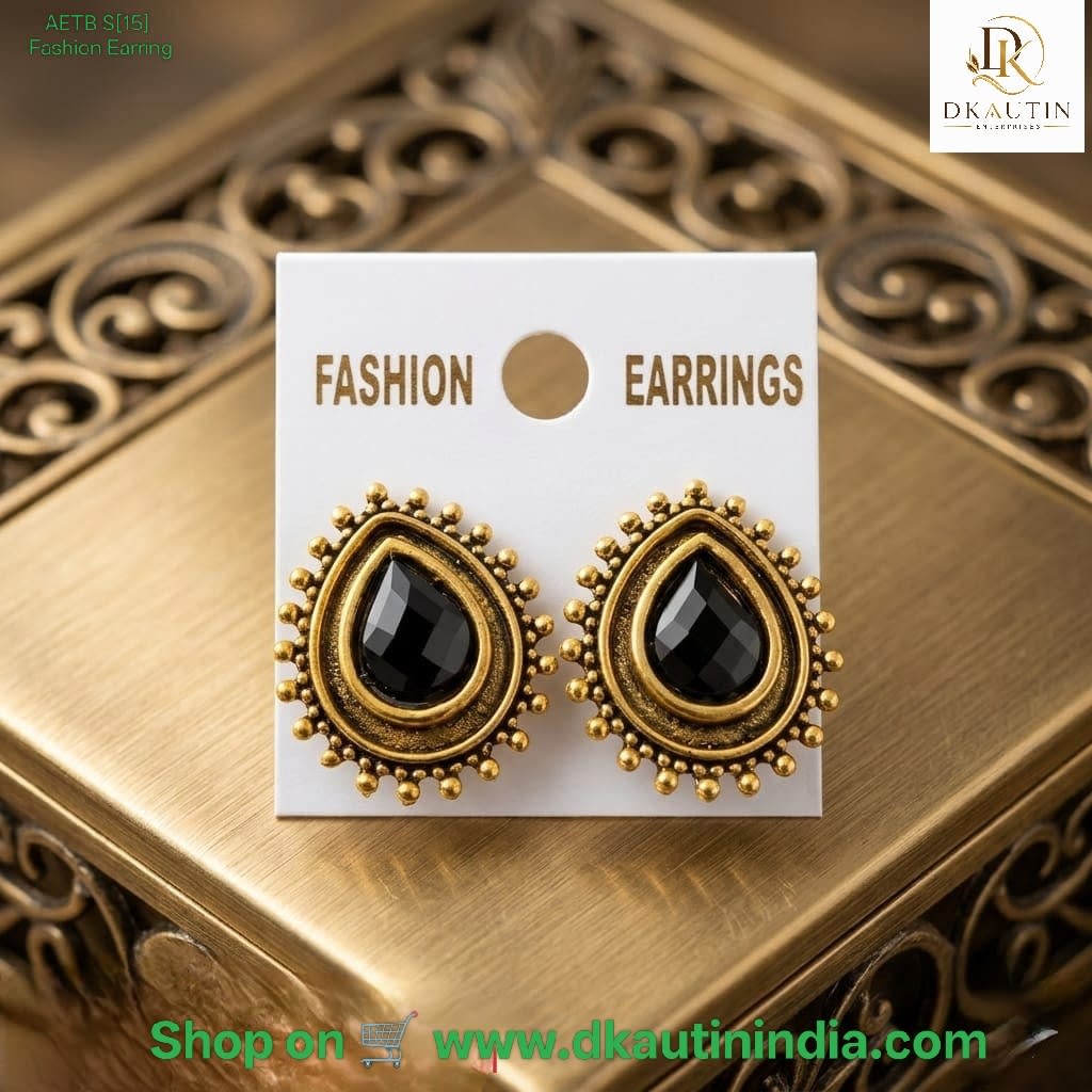 Shringarika Antique Gold-Finish Teardrop Black Stone Stud Earrings by Dkautin Enterprises, shop online in India