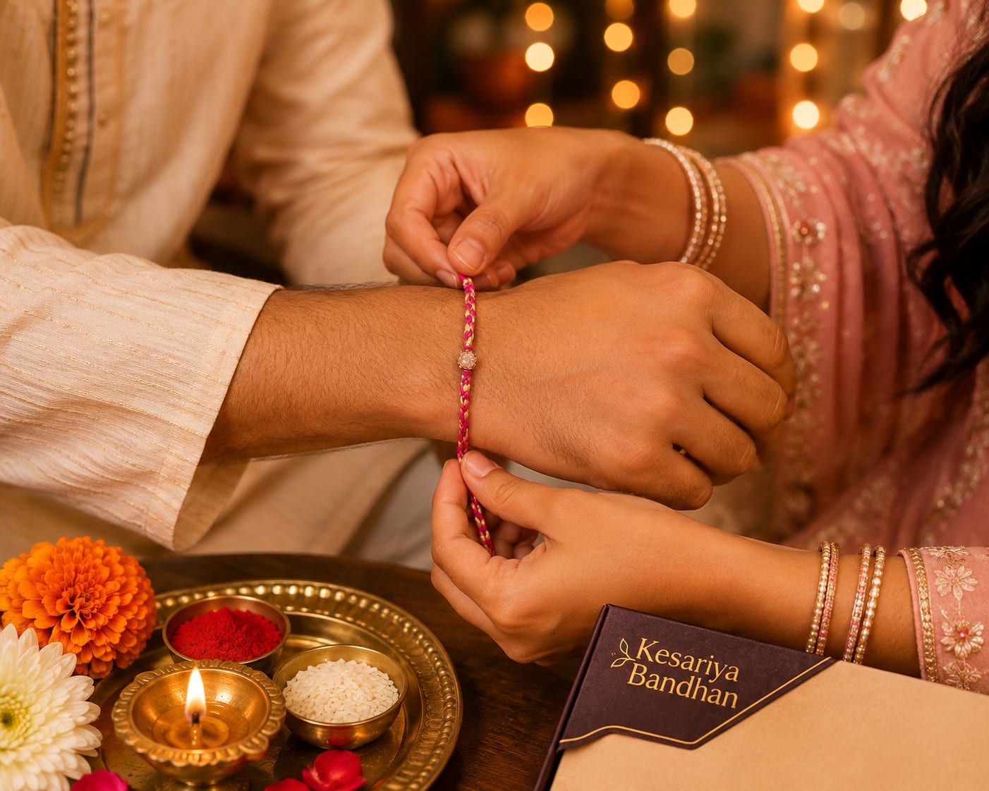 Premium Designer Rakhi for Brother | Pink White Rakhi- Kesariya Bandhan, thumbnail 3