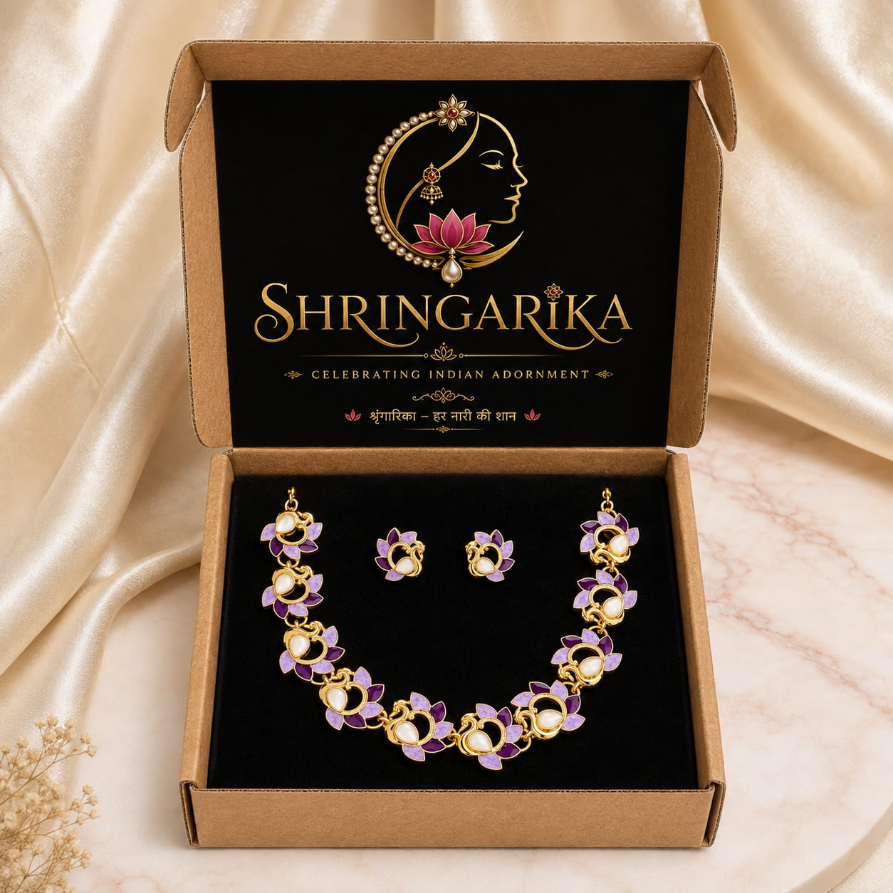 Shringarika Purple Lotus Enamel White Stone Gold-Tone Necklace & Earrings Jewellery Set for Women, thumbnail 3