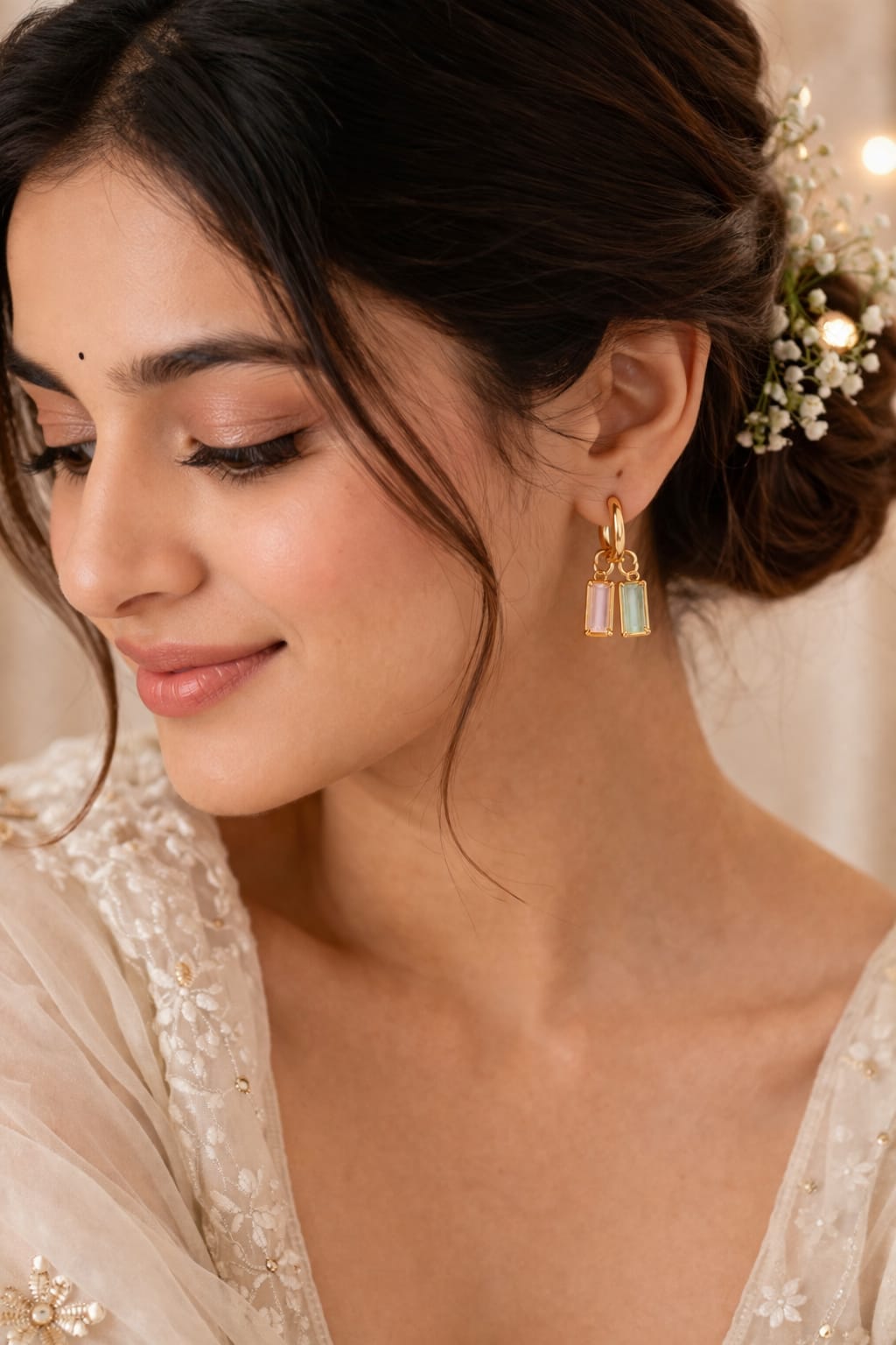 Gold Plated Pastel Crystal Drop Earrings for Women | Elegant Dual Stone Dangle Earrings | Minimalist Party Wear Jewellery, thumbnail 3
