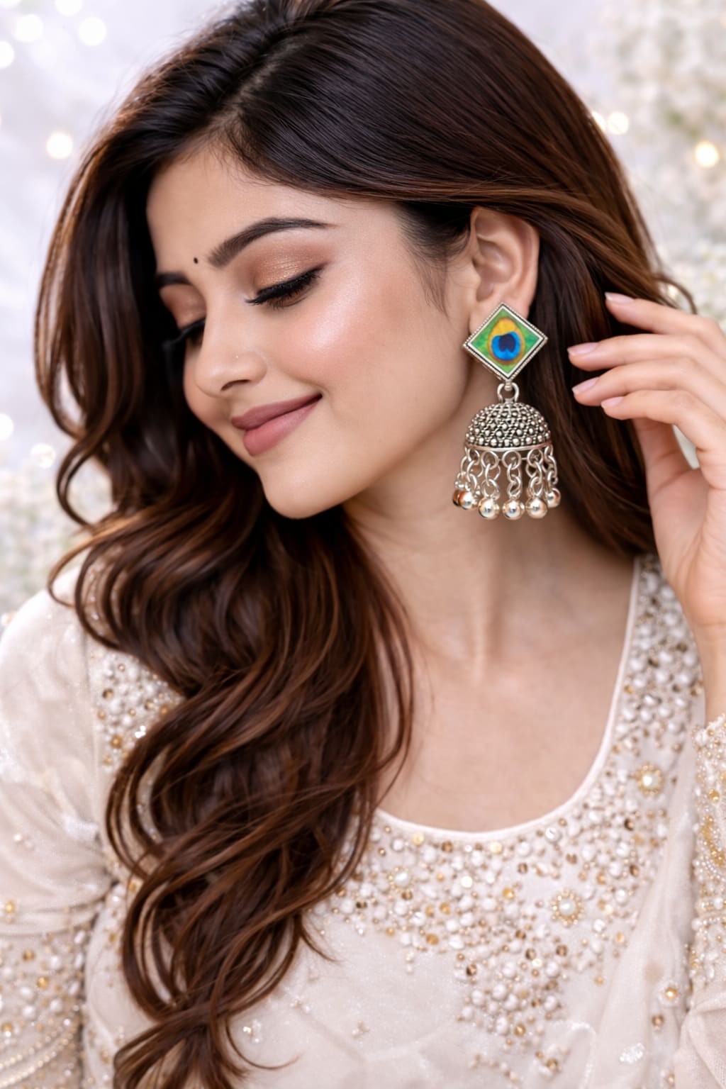 Oxidised Silver Plated Peacock Feather Jhumka Earrings for Women | Traditional Ethnic Dome Dangler Earrings, thumbnail 2