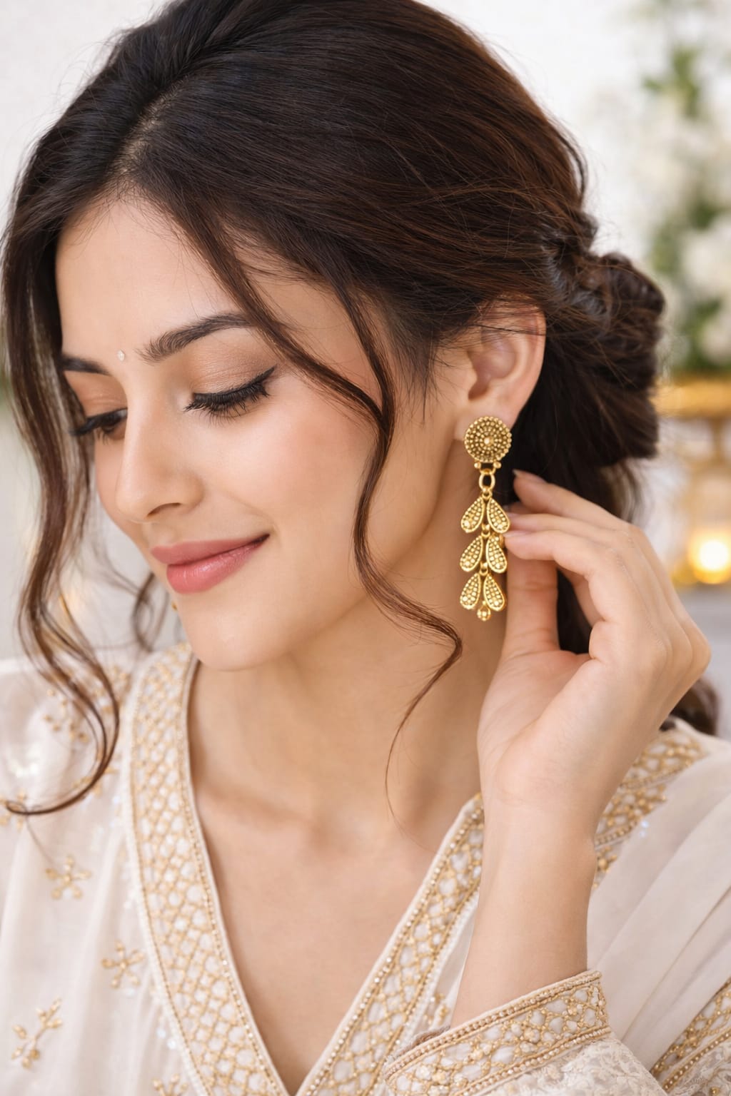 Antique Gold Plated Leaf Drop Earrings for Women | Traditional Ethnic Dangler Earrings | Lightweight Fashion Jewellery, thumbnail 2
