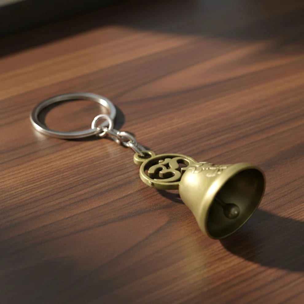 Vintage Brass Finish Bell Keychain with Om Symbol | Metal Lucky Key Ring for Car, Bike, Home & Office Keys | Decorative Religious Key Holder, thumbnail 2
