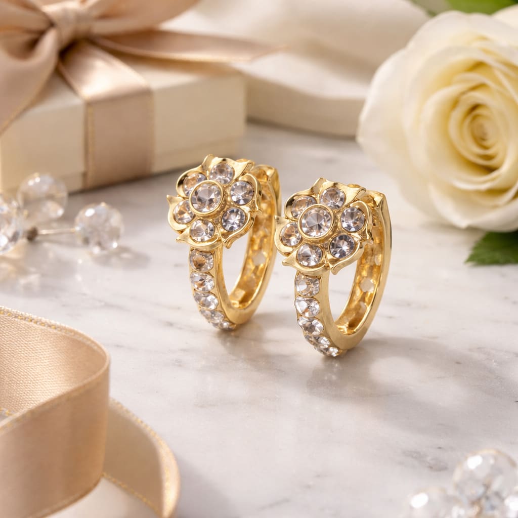 Gold Plated Crystal Floral Hoop Earrings for Women | Elegant Flower Huggie Earrings | Party Wear Jewellery, thumbnail 2