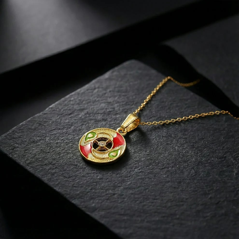 Gold Plated Round Enamel Pendant Necklace for Women & Girls | Designer Circular Charm Chain | Lightweight Daily Wear Fashion Jewelry, thumbnail 2