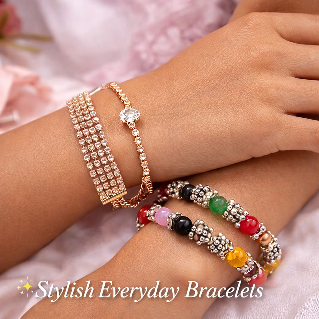 Shringarika Women's Bracelet Combo Pack of 2 | Rose Gold Crystal Bracelet & Multicolor Beaded Stretch Bracelet | Adjustable Fashion Jewellery for Women & Girls — wholesale price India