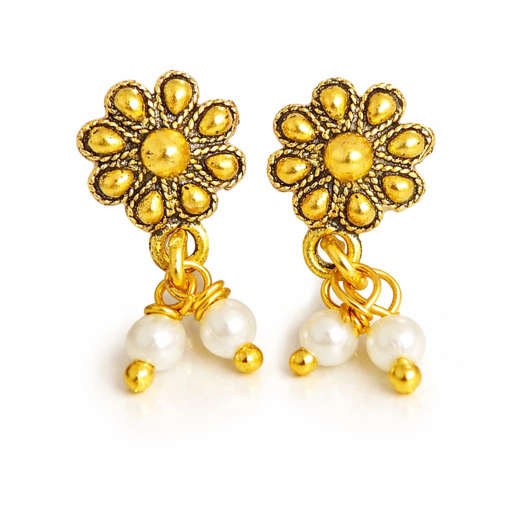 Traditional Oxidized Gold Flower Pearl Drop Stud Earrings for Women & Girls | Lightweight Ethnic Earrings | Pair of 1, shop online in India