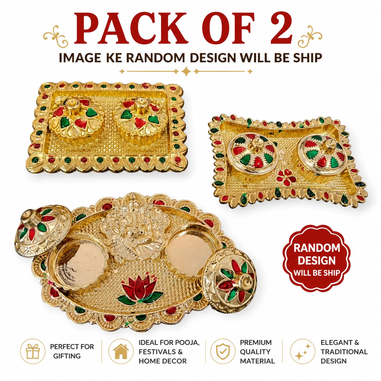 Shringarika Traditional Golden Kumkum Haldi Roli Chawal Platter Set, thumbnail 2