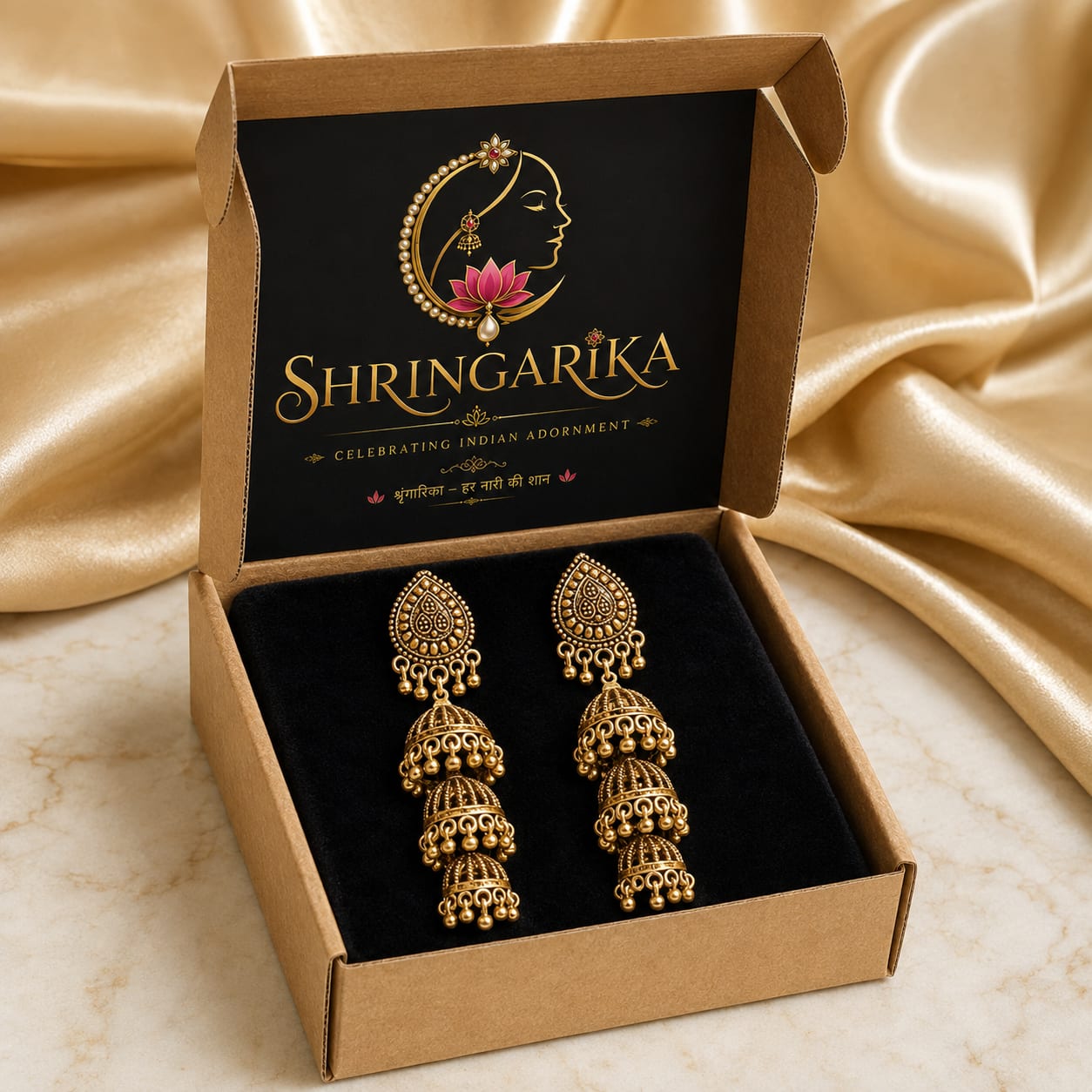 Shringarika Antique Gold-Tone Triple Layer Jhumka Earrings for Women, thumbnail 4