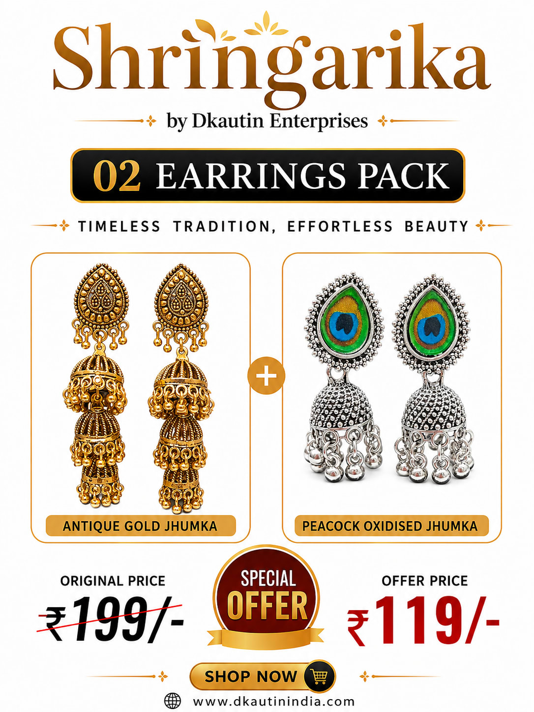 Shringarika 02 Earrings Pack– Antique Gold Jhumka & Peacock Oxidised Jhumka, shop online in India