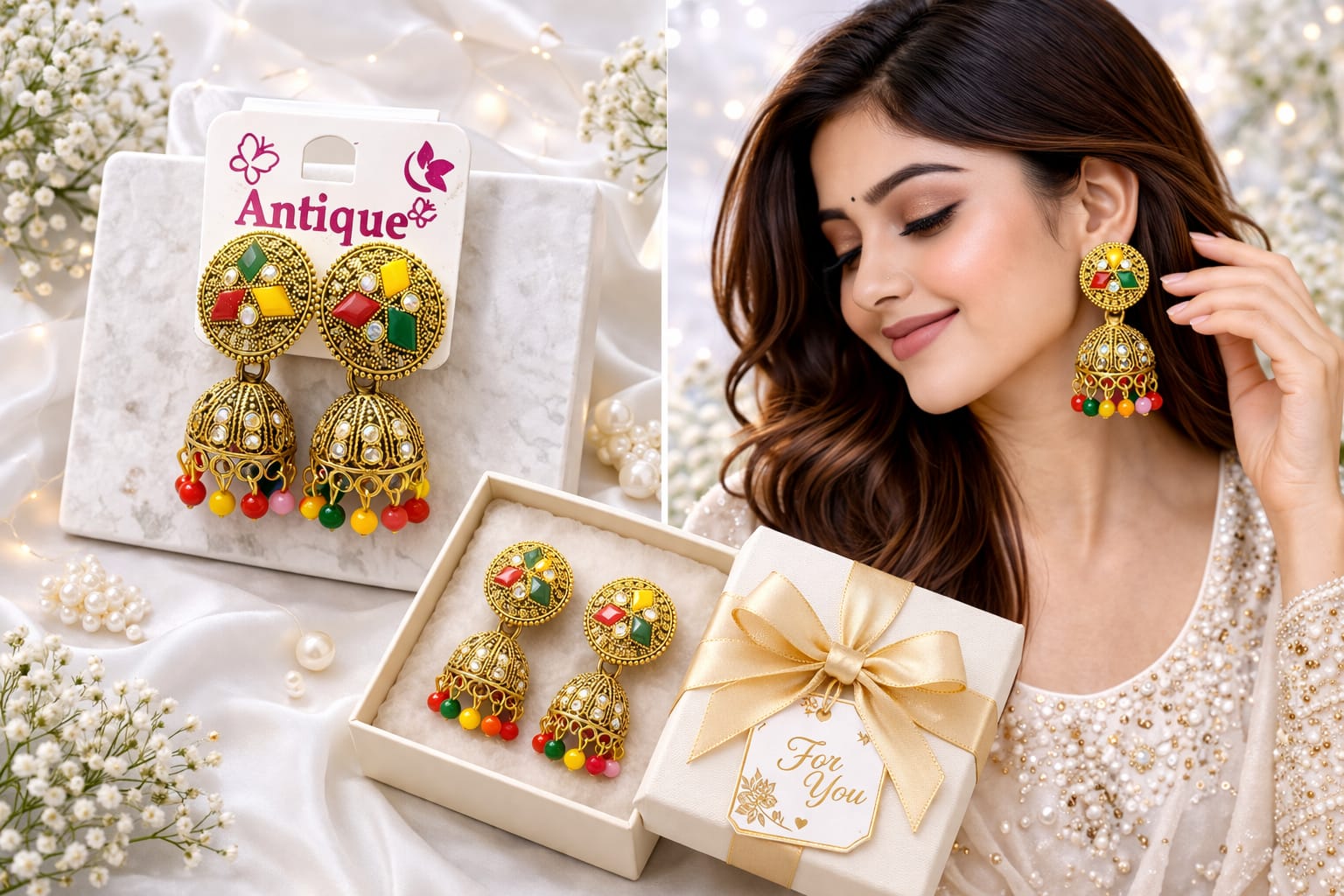 Antique Gold Plated Multicolor Jhumka Earrings for Women | Traditional Ethnic Dome Dangler Earrings with Crystal & Beads, thumbnail 3