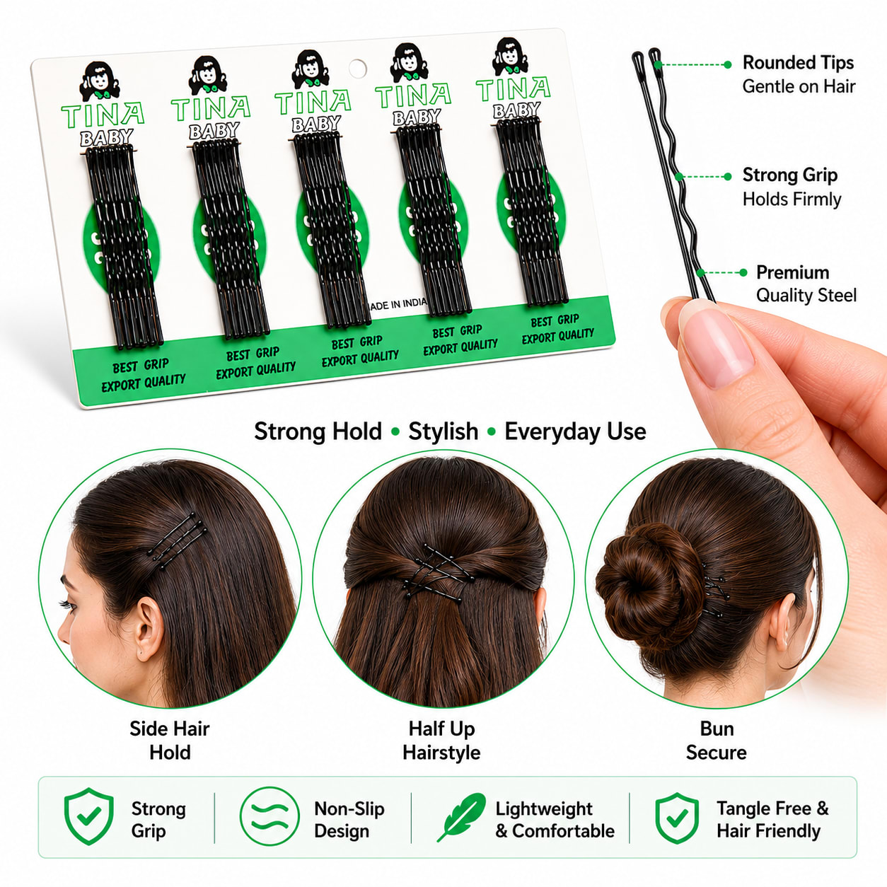 Pack of 5 Black Bobby Pins for Women & Girls | Strong Metal Hair Pins, thumbnail 2