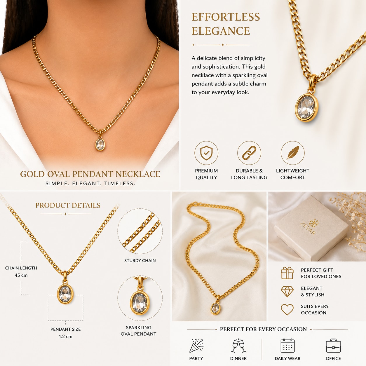 Gold-Tone Cuban Link Chain Necklace with Crystal Pendant for Women & Girls | Minimalist Fashion Jewelry, thumbnail 4