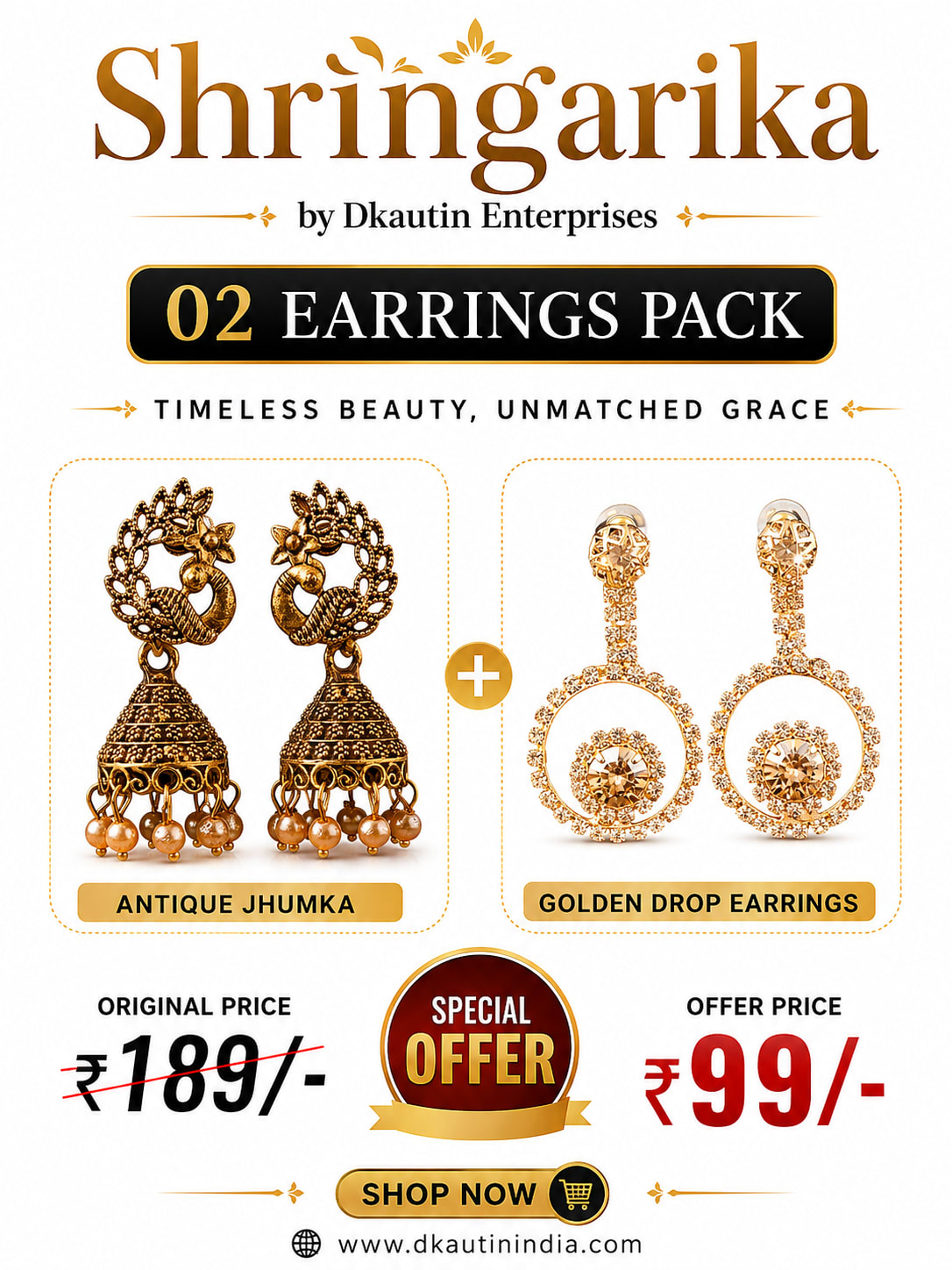 Peacock Jhumka & Golden Drop Earrings – Pack of 2 | Shringarika, shop online in India