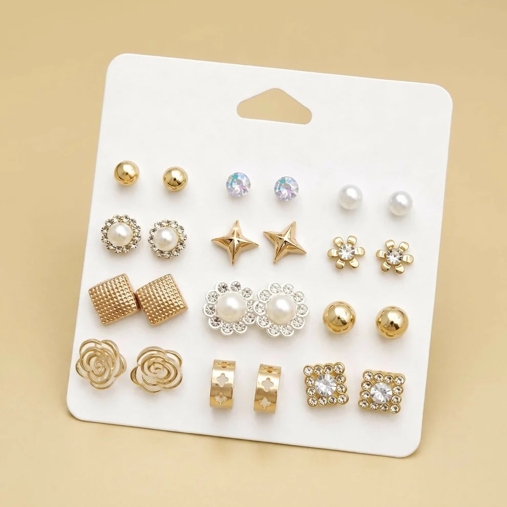 Shringarika by Dkautin Enterprises Assorted 9-Pair Golden Finish Fashion Earring Combo Set, shop online in India