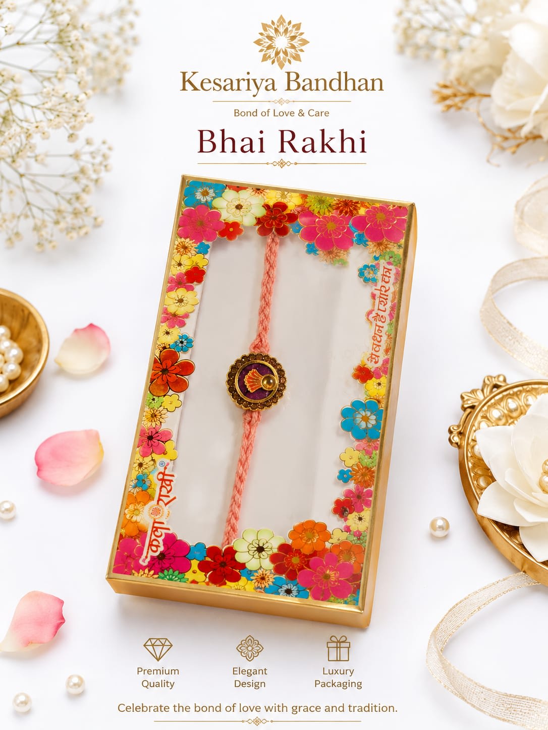 Premium Designer Bhai Rakhi for Brother with Decorative Gift Box | Handmade Thread Rakhi | Floral Designer Rakhi | Traditional Raksha Bandhan Gift | Pack of 1 — wholesale price India