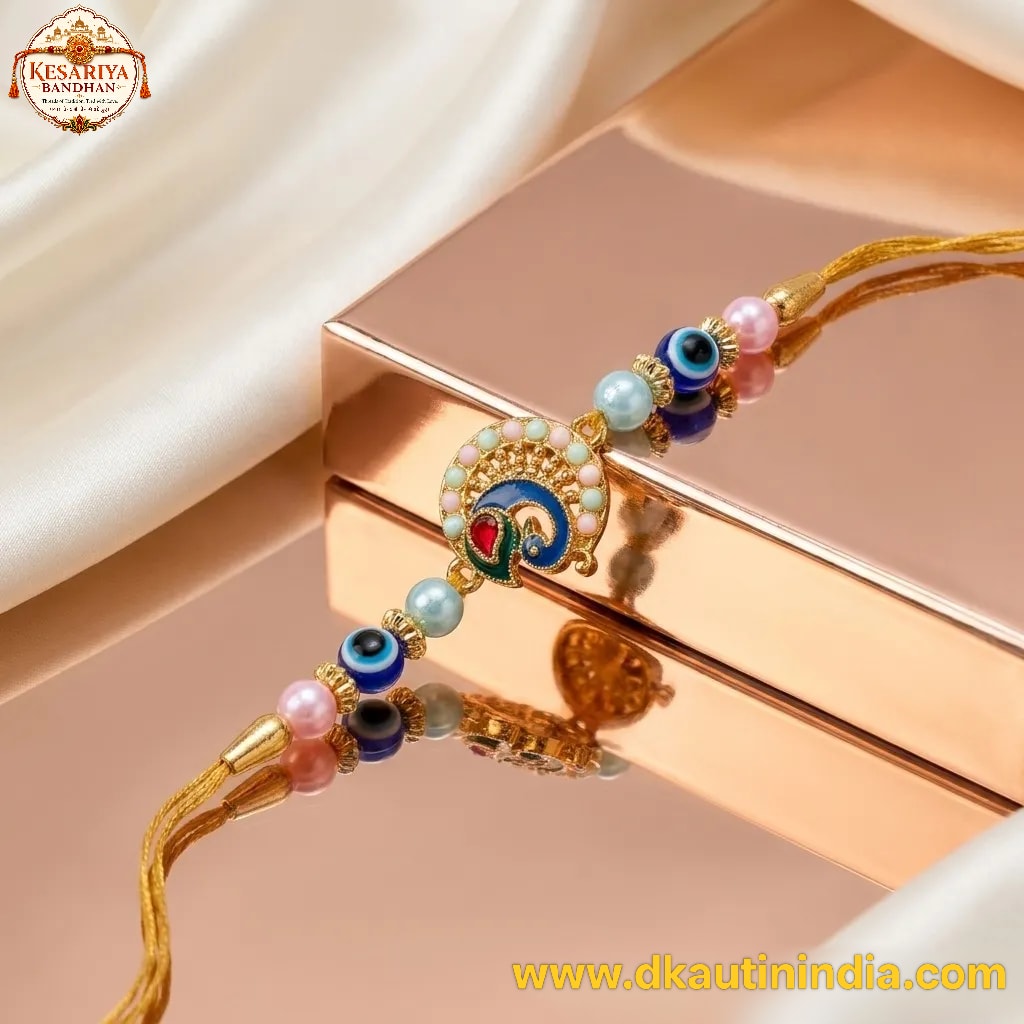 Meenakari Peacock Evil Eye Rakhi | Kesariya Bandhan, thumbnail 3
