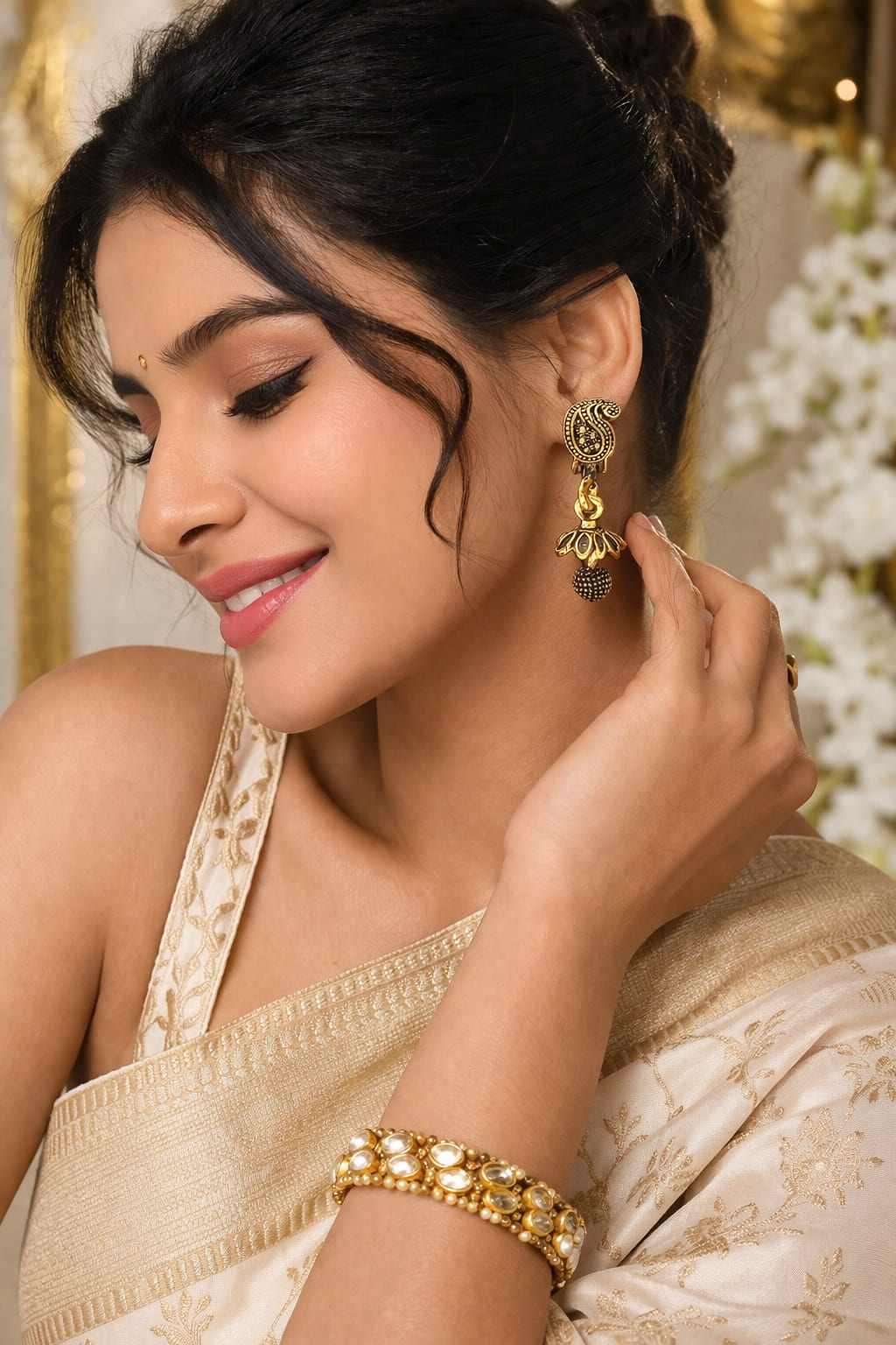 Antique Gold Plated Paisley Drop Earrings for Women | Traditional Ethnic Dangler Earrings | Lightweight Party & Festive Wear, thumbnail 2