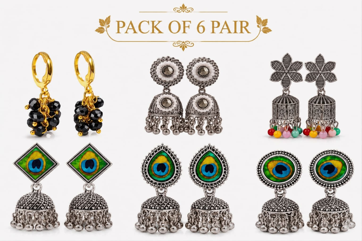 Pack of 6 Pair Oxidised & Gold Plated Earrings Combo for Women & Girls | Peacock, Jhumka, Beaded Hoop & Designer Earrings Set — wholesale price India