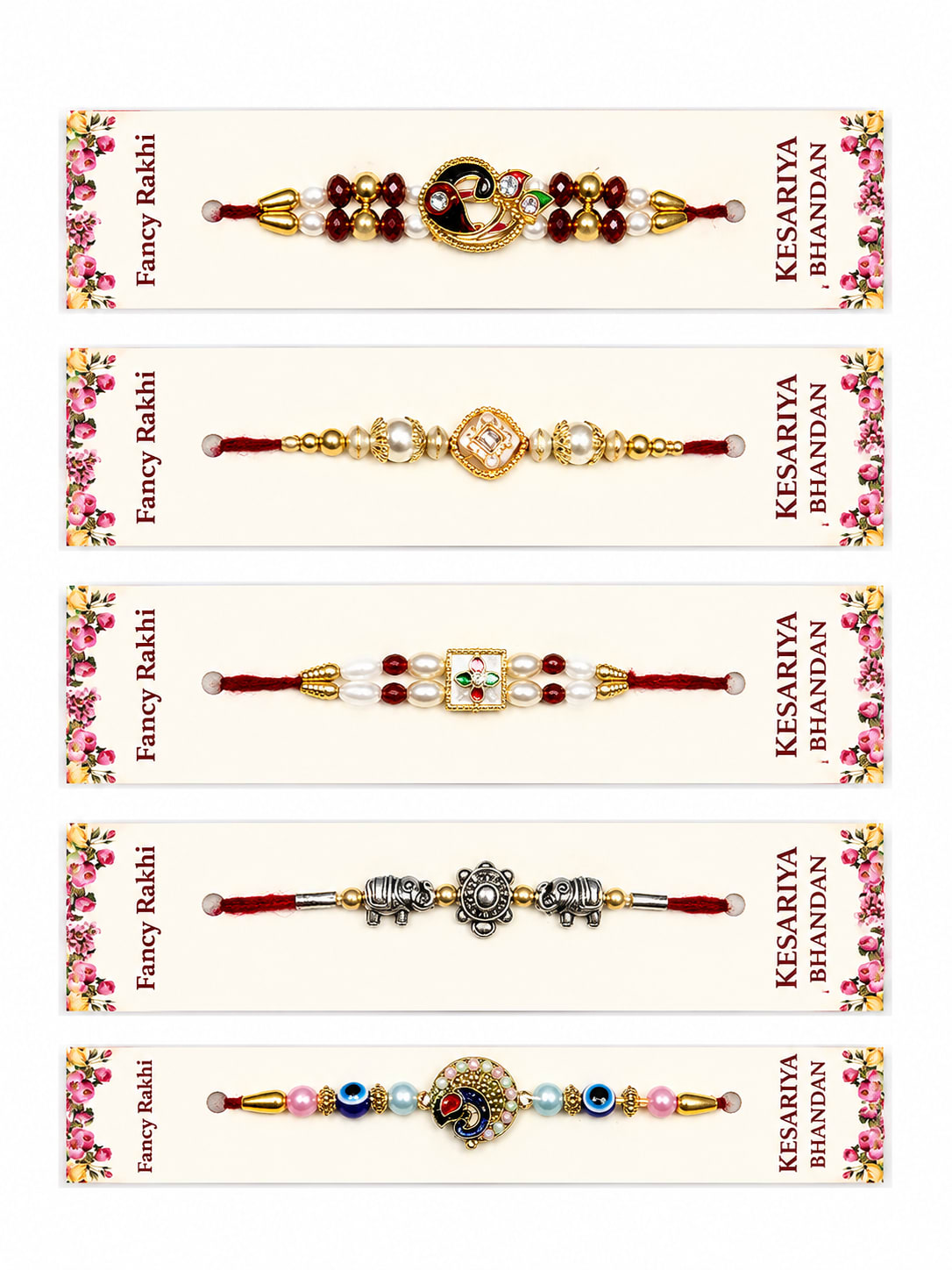 Kesariya Bandhan Premium Fancy Rakhi Set of 5 | Designer Pearl, Evil Eye, Ganesha & Elephant Rakhi Combo | Handcrafted Raksha Bandhan Rakhi for Brother — wholesale price India