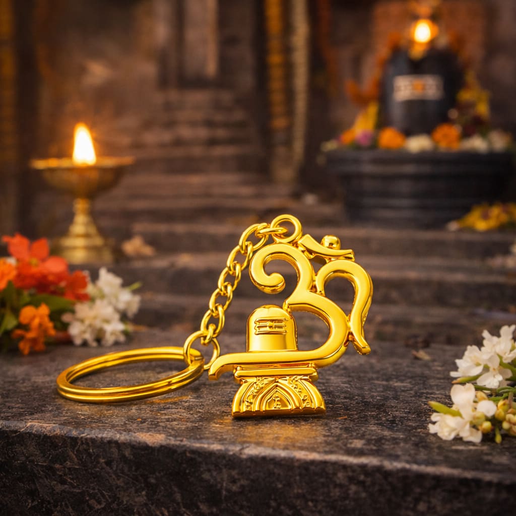 Gold Plated Om Shiv Ling Keychain | Religious Metal Key Ring for Car, Bike, Home & Office Keys | Lucky Spiritual Key Holder Gift, thumbnail 2