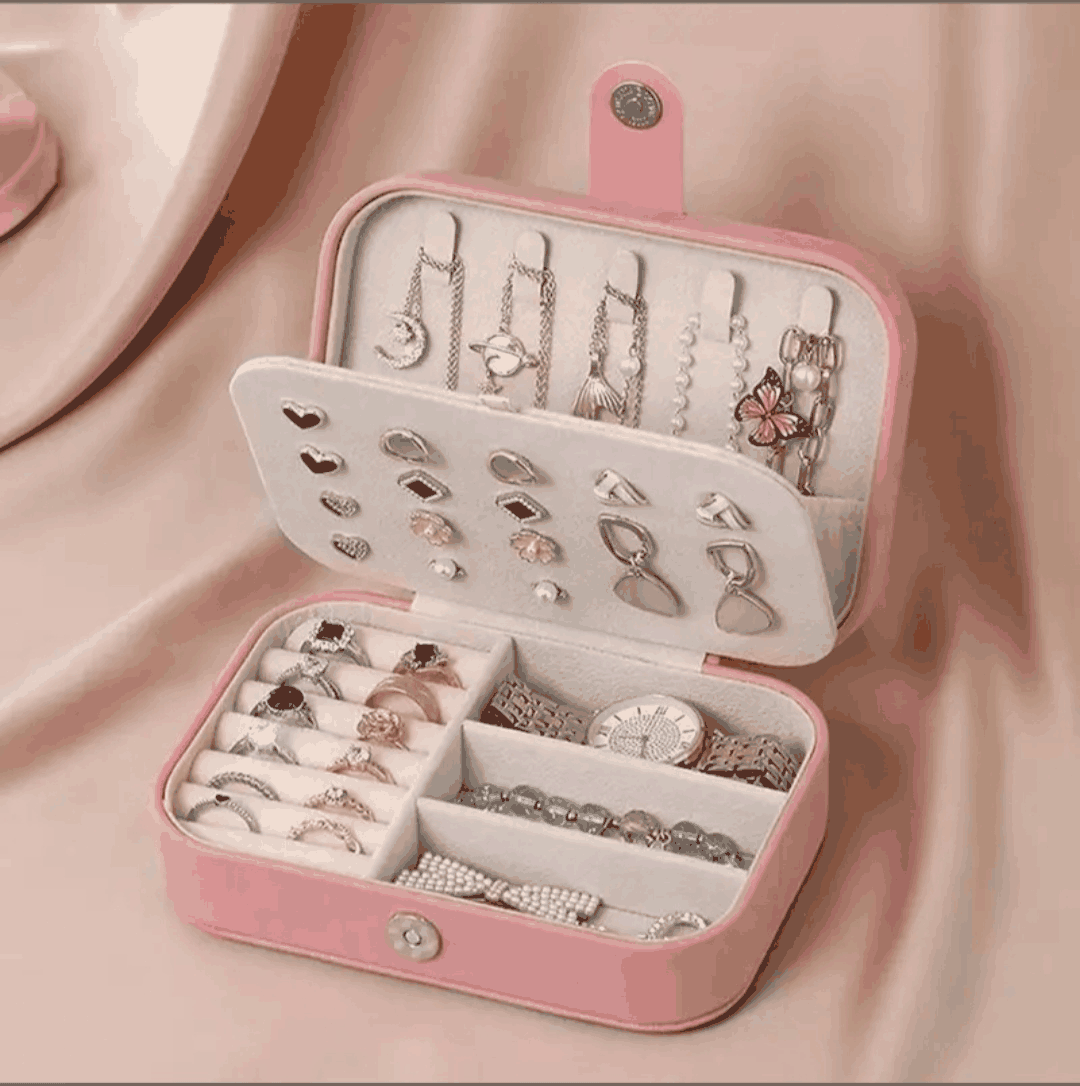 Portable PU Leather Travel Jewelry Organizer Box with Ring Holder, Earring Storage & Necklace Hooks | Pink | 1 Pc — wholesale price India
