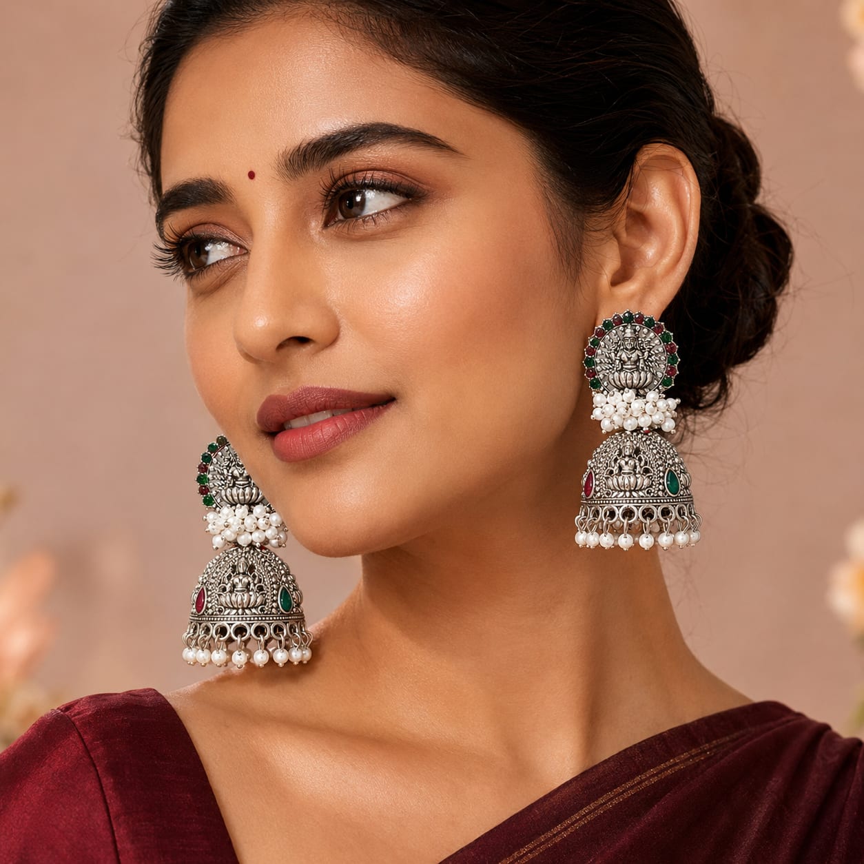 Shringarika Divine Lakshmi Ji Oxidised Silver-Tone Temple Jhumka Earrings with Pearls, thumbnail 4