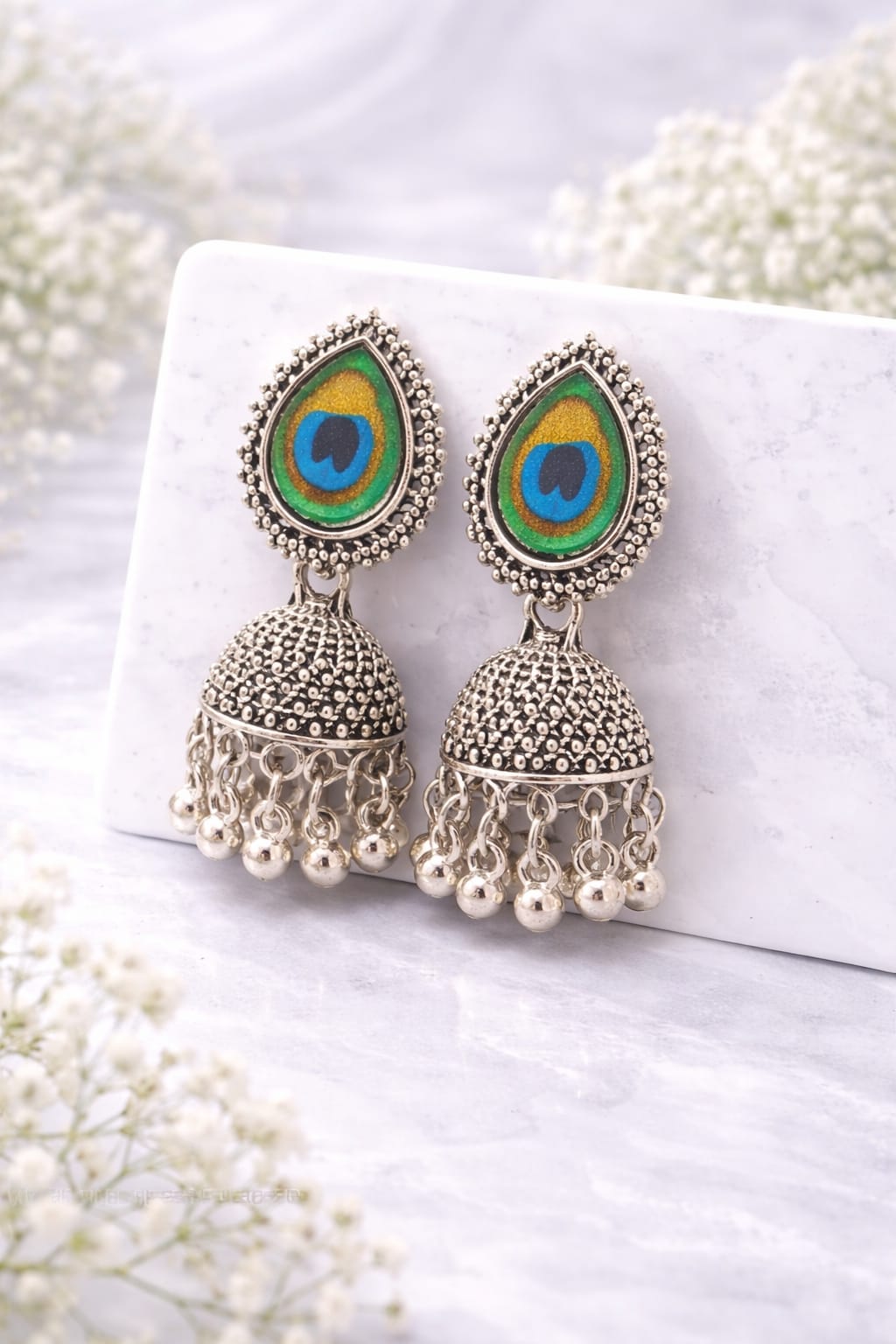 Oxidised Silver Plated Peacock Feather Jhumka Earrings for Women | Traditional Ethnic Dome Dangler Earrings, shop online in India