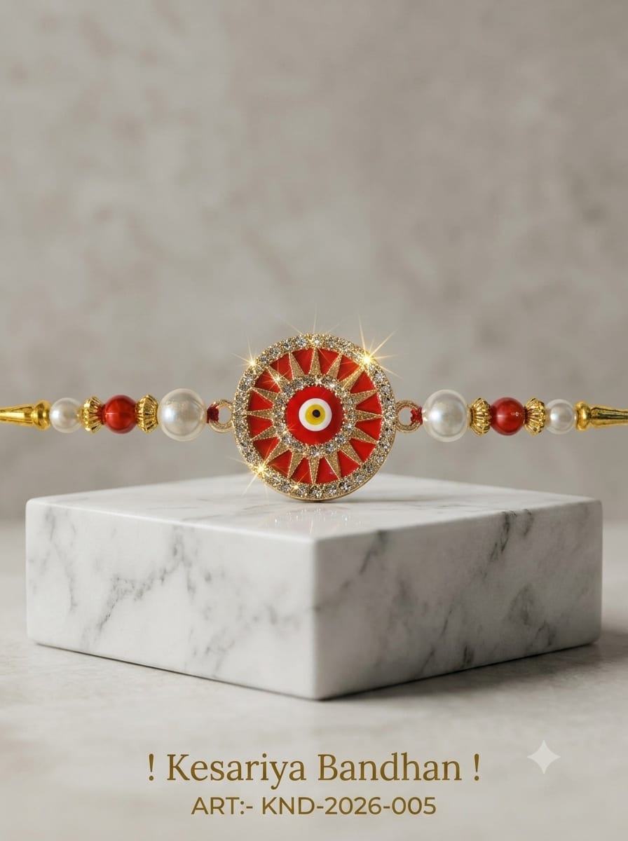 Kesariya Bandhan Premium Red Evil Eye Rakhi for Brother | Pearl & Crystal Designer Rakhi, thumbnail 3
