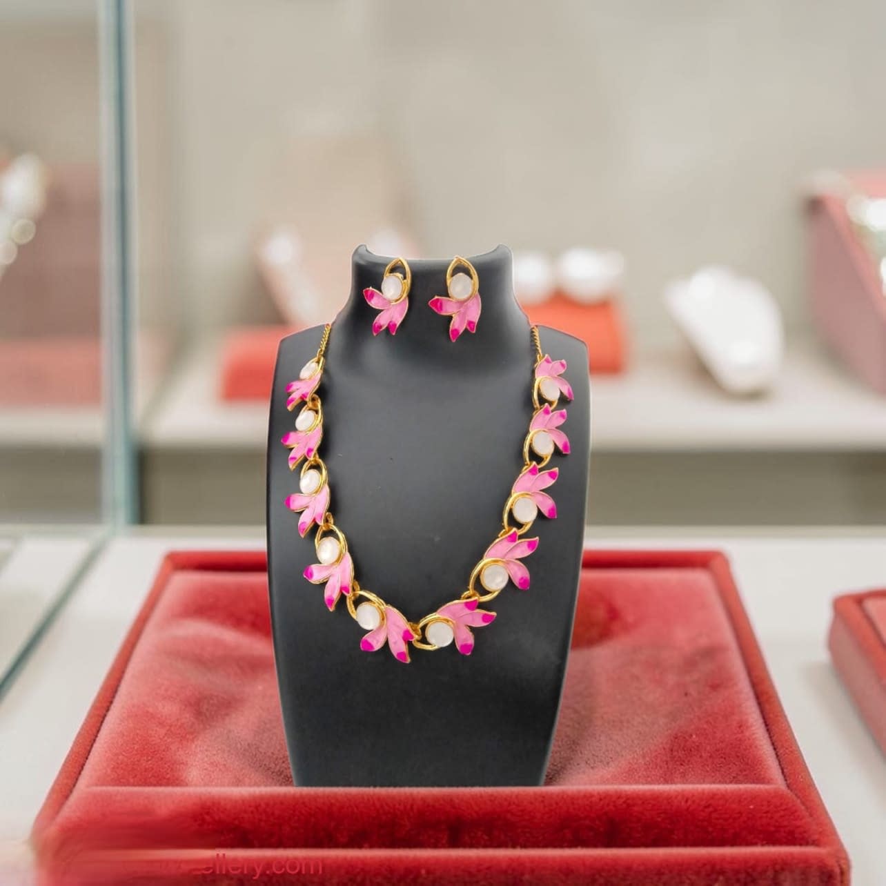 Shringarika Pink Leaf Pearl-Style Gold-Tone Necklace Set, shop online in India