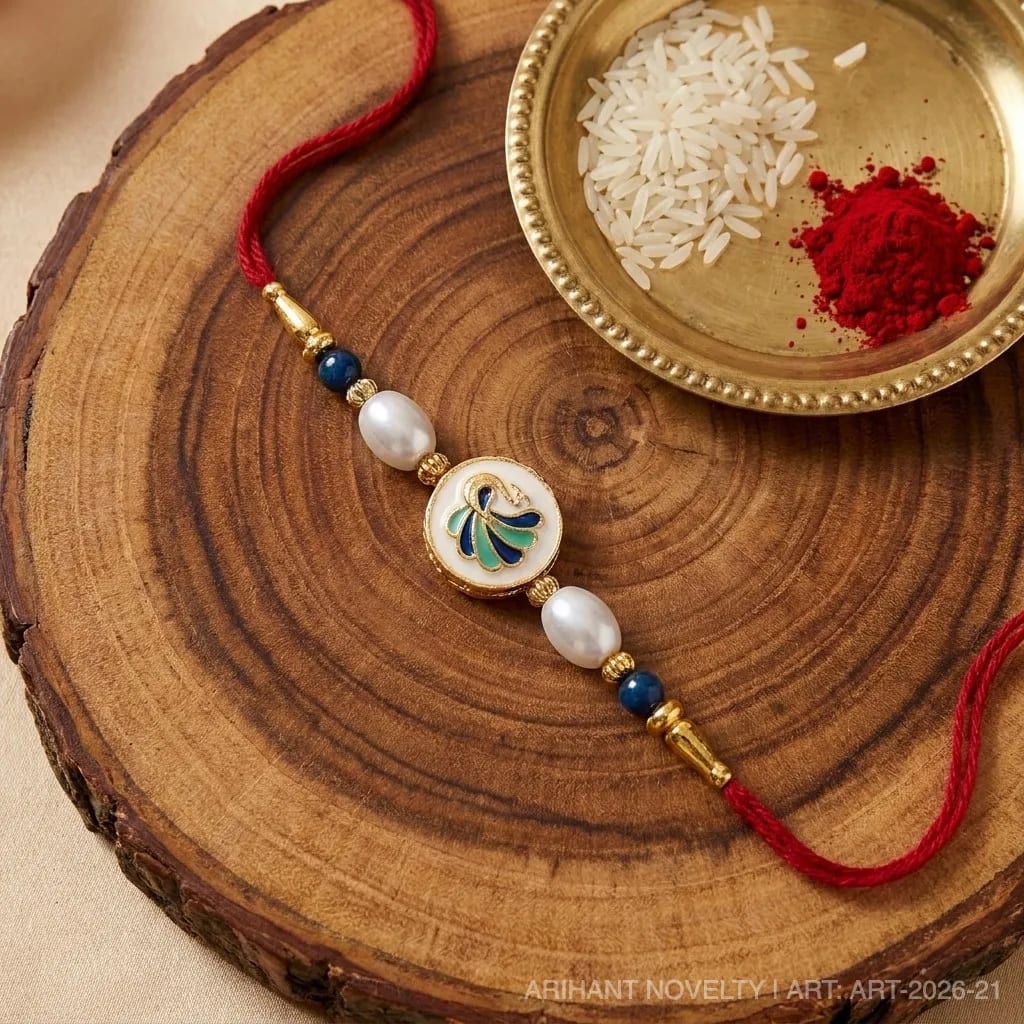 Kesariya Bandhan Premium Peacock Designer Rakhi for Brother | Pearl & Blue Bead Handmade Rakhi | Traditional Raksha Bandhan Rakhi — wholesale price India
