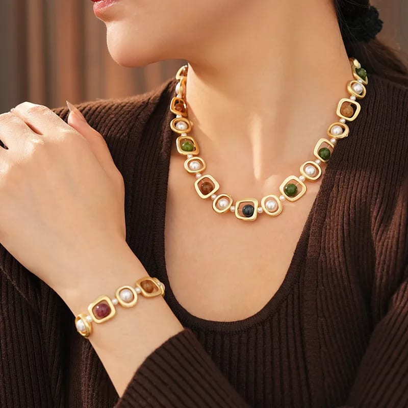 Vintage Pearl & Multicolor Stone Necklace Bracelet Set for Women & Girls | Gold Plated Jewelry Set, shop online in India