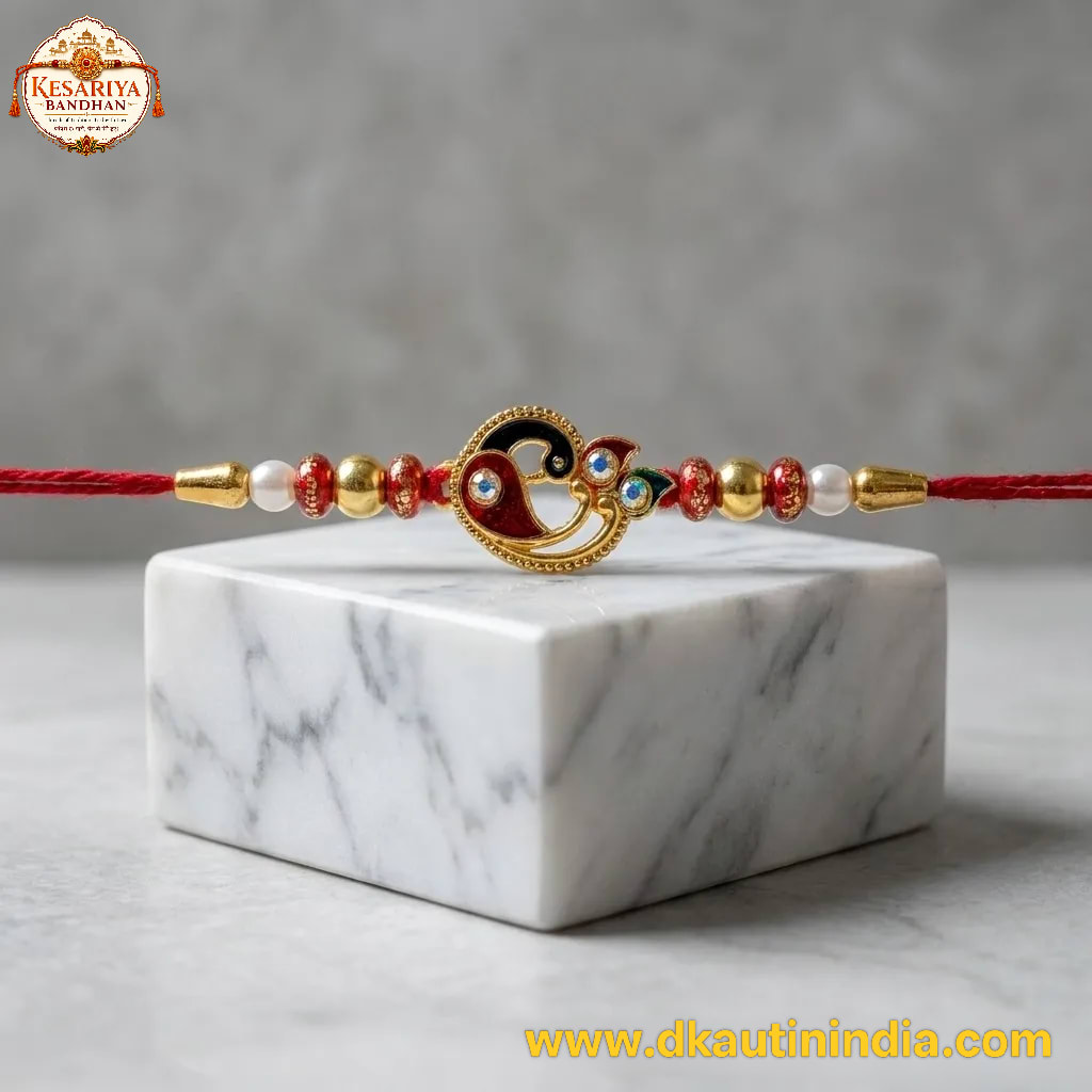 Peacock Pearl Designer Rakhi for Brother | Kesariya Bandhan, thumbnail 3
