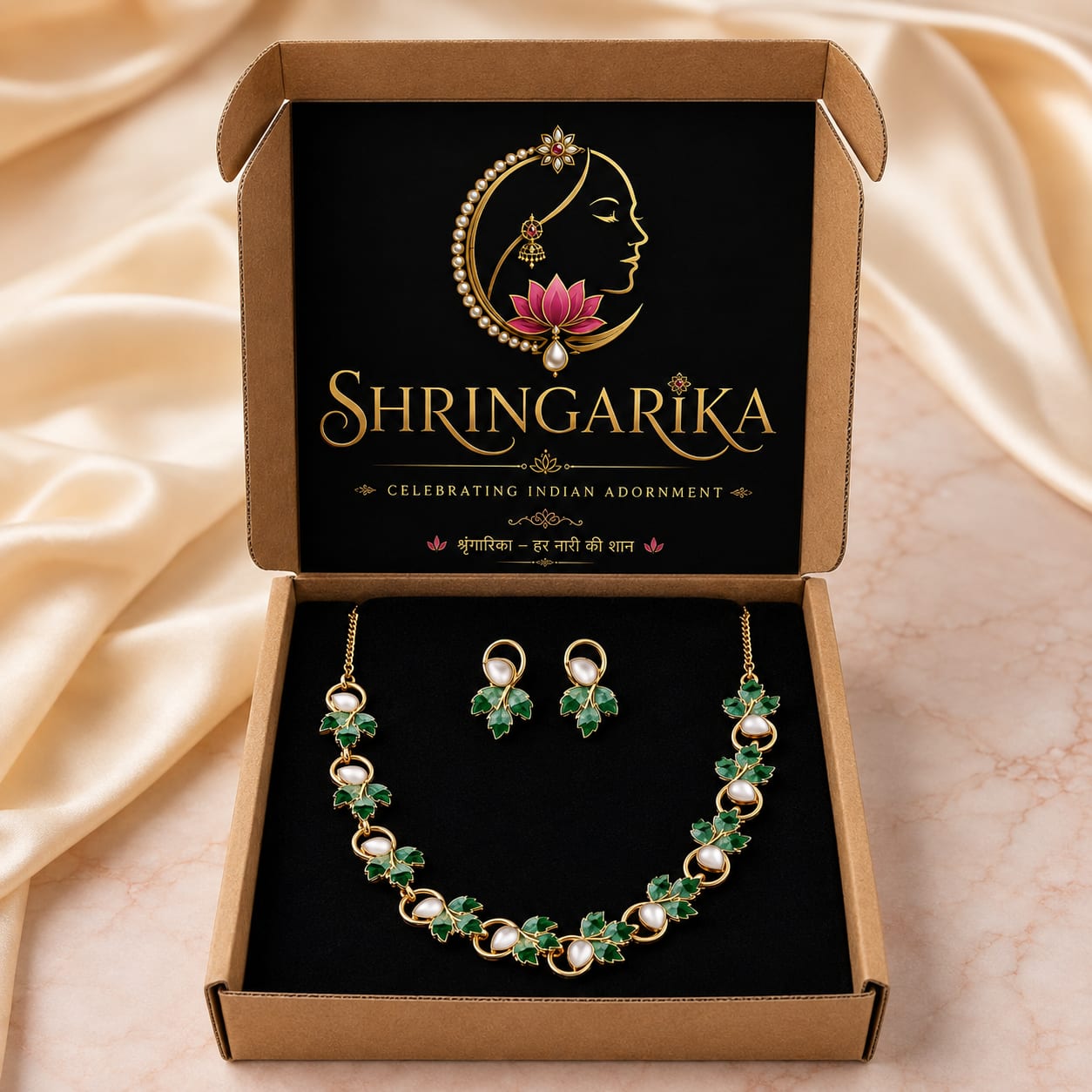 Green Leaf Pearl Necklace Set for Women | Shringarika, thumbnail 3