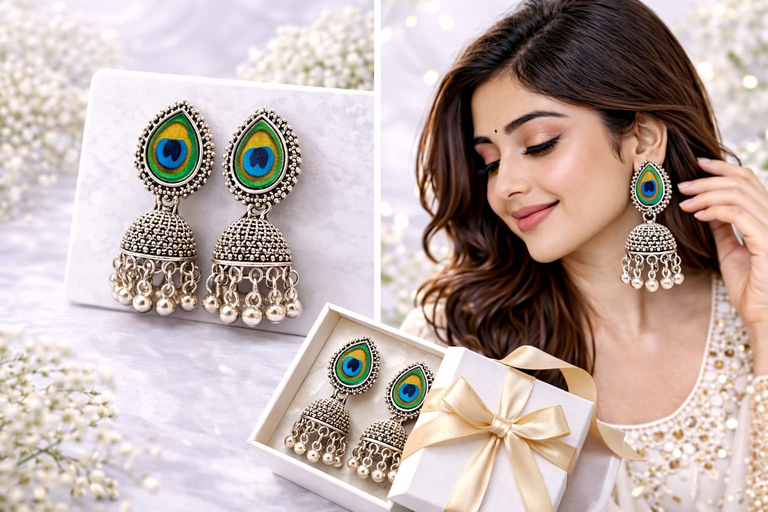 Oxidised Silver Plated Peacock Feather Jhumka Earrings for Women | Traditional Ethnic Dome Dangler Earrings, thumbnail 3