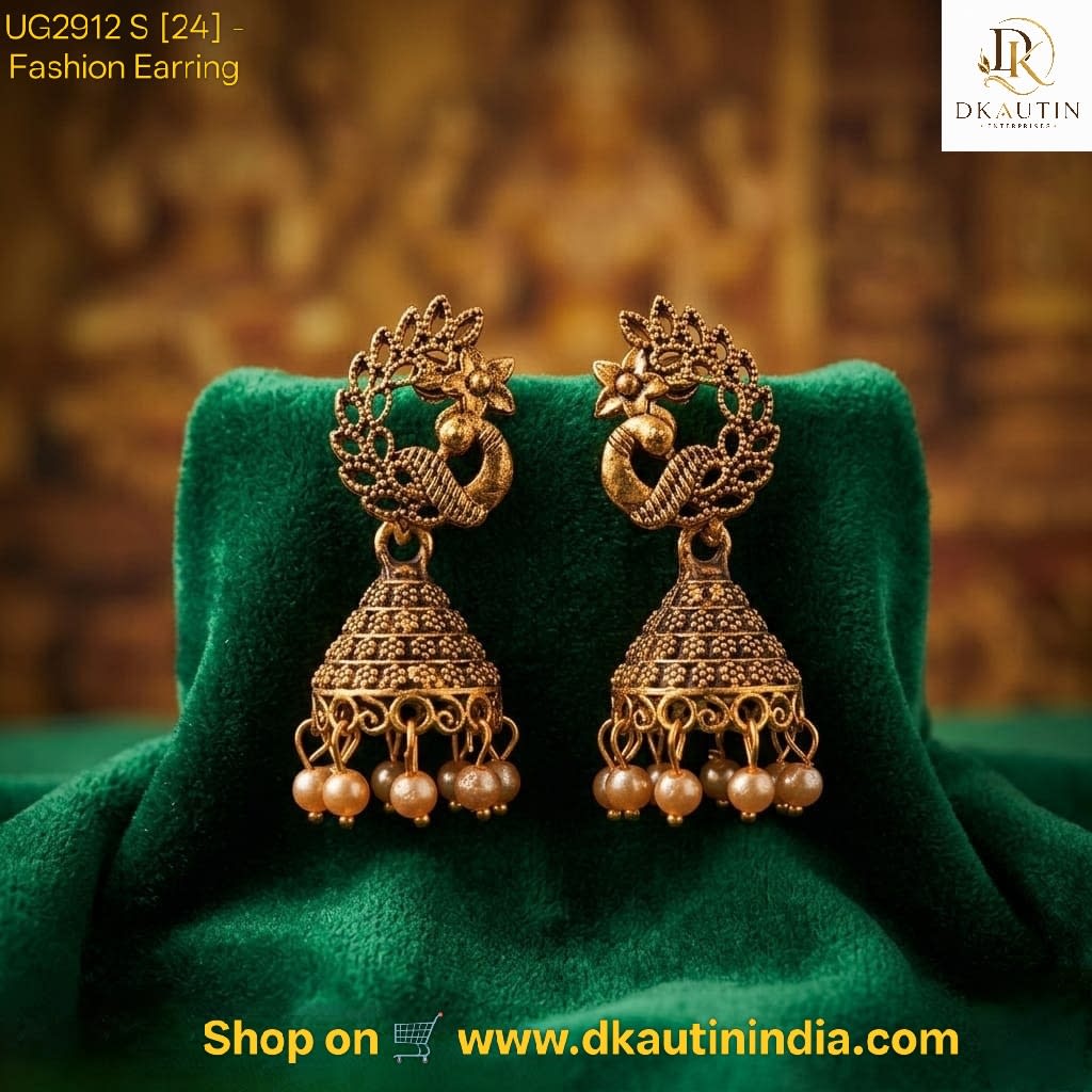 Antique Gold Peacock Jhumka with Pearl Drops | Shringarika, shop online in India