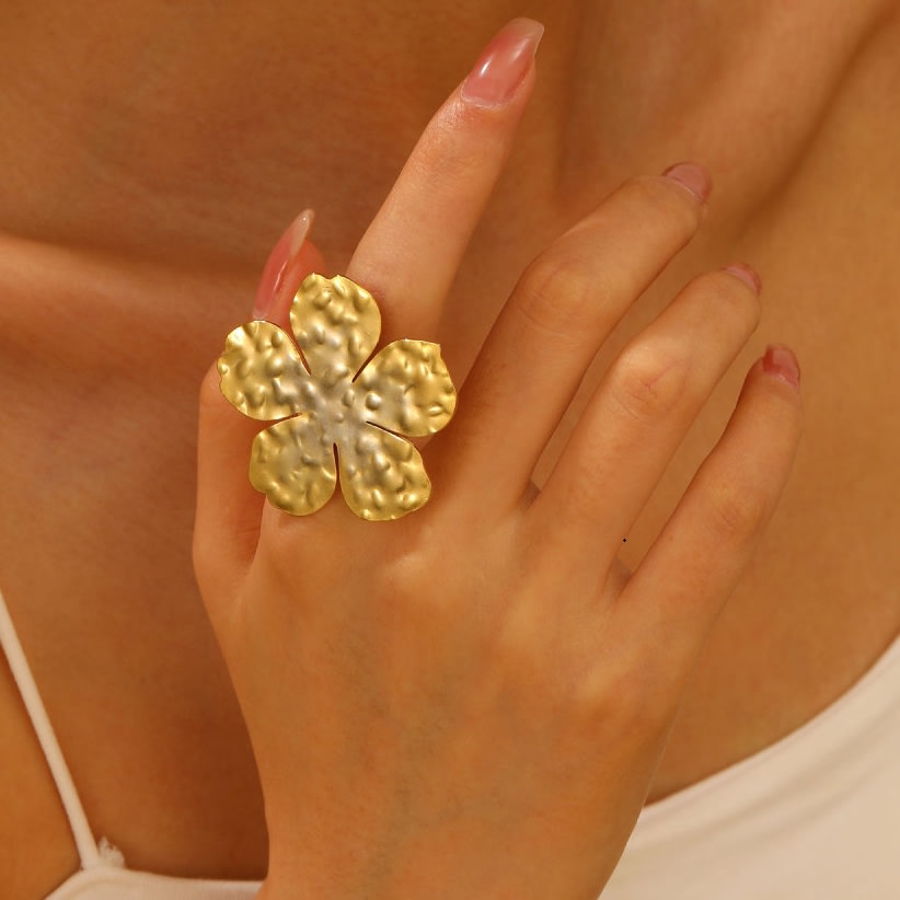 Elegant Gold-Tone Floral Statement Ring for Women & Girls | Adjustable Flower Finger Ring, thumbnail 3