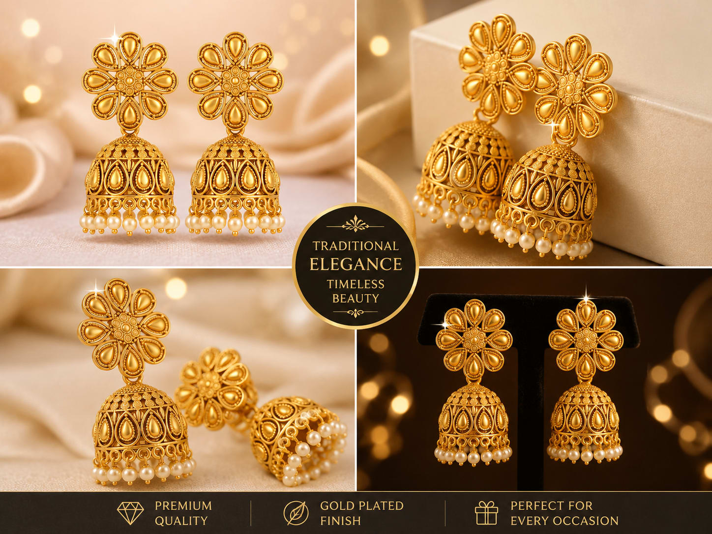 Gold Plated Floral Jhumka Earrings for Women & Girls | Traditional Ethnic Pearl Drop Earrings | 1 Pair, thumbnail 3