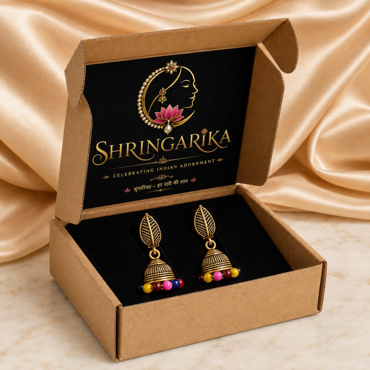 Antique Gold Leaf Jhumka with Colourful Beads | Shringarika, thumbnail 4