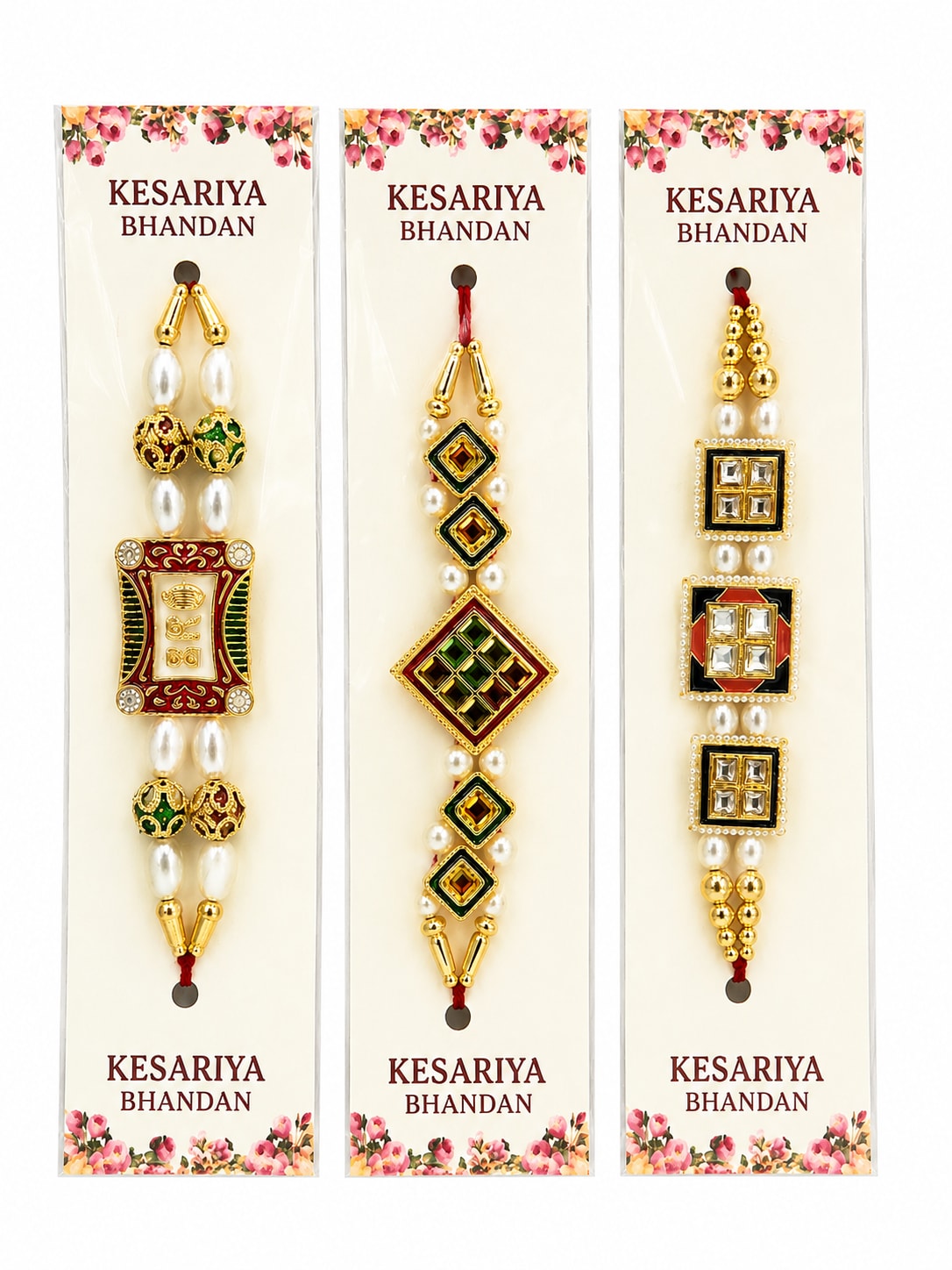 Kesariya Bandhan Premium Fancy Rakhi Set of 3 | Designer Kundan, Meenakari & BRO Rakhi Combo | Handcrafted Raksha Bandhan Rakhi for Brother, shop online in India
