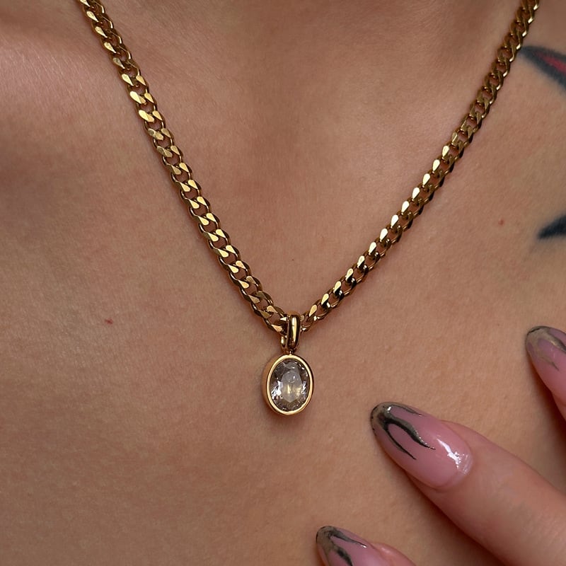 Gold-Tone Cuban Link Chain Necklace with Crystal Pendant for Women & Girls | Minimalist Fashion Jewelry, thumbnail 2
