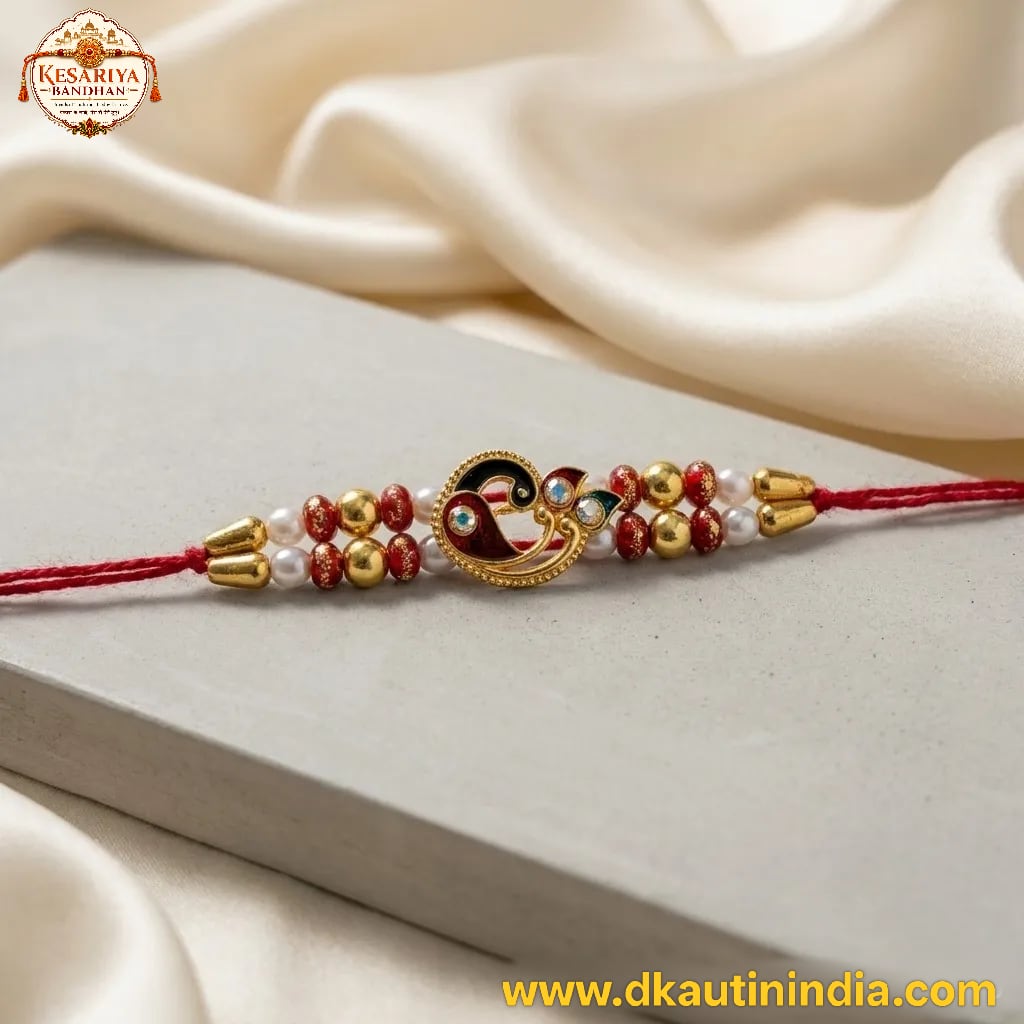 Peacock Pearl Designer Rakhi for Brother | Kesariya Bandhan, thumbnail 2
